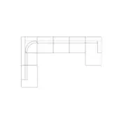 Modular sectional sofa, line drawing, L-shape, with curved interior corner and uniformly sized rectangular modules, white background.
