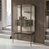 Distinguished Turri Blues cupboard with glass sides and wooden drawers finished with metal edges in medium brown matte