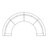 Curved sectional sofa line drawing, black on white, modular design with rectangular frames and rounded edges forming a semi-circular seating area.