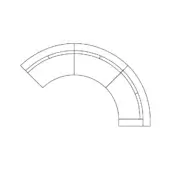Curved sectional sofa, light gray fabric, arc-shaped design with rectangular panels and a layered, modular seating structure against a white backdrop.
