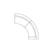 Curved sectional sofa, black line drawing, modular design with segmented panels and a 90-degree angle, white background.