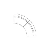 Sectional sofa line drawing, white background, curved quarter-circle form, segmented rectangular panels, minimalist modular design.