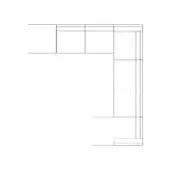 Modular sectional sofa schematic, L-shape configuration, black line drawing, grid-based design, corner seating with extension.