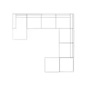 Modular sectional sofa, line drawing, L-shape configuration with square extension, rectilinear form, white background, technical illustration.