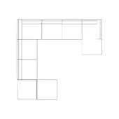 Modular sectional sofa, light gray line drawing, L-shape with extended arm and square module, minimalist contemporary design.