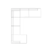Sectional sofa line drawing, black and white, modular L-shape with rectangular units, minimalist contemporary design, technical schematic style.
