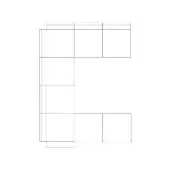 Sectional sofa line drawing, modular composition in an E-shape, black outlines on white background, studio design rendering.