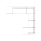 Modular sectional sofa, black and white line drawing, L-shape with extension, rectilinear modules, paneled construction, contemporary design.