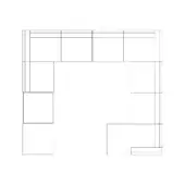Modular sectional sofa diagram, black lines on white, L-shape with extended and stepped modules illustrating customizable arrangement.