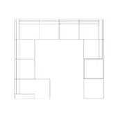 Modular sectional sofa, black and white line drawing, L-shape with extended arm, rectangular modules, contemporary design, studio rendering.