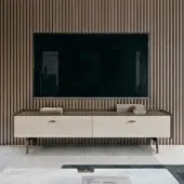 Harmonious Turri Blues TV stand with walnut wood structure, glossy lacquered wood drawers and natural wood top