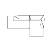 Sectional sofa line drawing, gray, L-shape with boxy form, angled backrest, cushioned detailing, and technical schematic presentation.