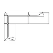 Modular corner seating system technical drawing, black lines, geometric form, angular detail, white background, structural design.