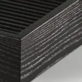 Black stained olive ashwood panel with linear grain, featuring parallel slats and a textured, geometric layered construction against a gray backdrop.
