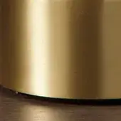 Satin brass disc with darkened metal rim, circular shape, diffused sheen, and central highlight on a dark reflective floor.