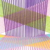 Abstract yarn sculpture with purple, green, yellow, pink, and blue strands in a complex grid pattern against a white background.