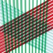 Abstract woven graphic with intersecting red, green, and white bands in a diagonal pattern creating layered depth and a grid structure.