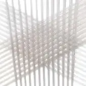 Abstract quartz sculpture, white rods, interwoven dense core with radiating parallel structure, polished sheen, blurred white background.