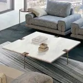 Distinguished Turri Blues coffee table with a square white marble top and bronze-like metal legs in a smooth finish