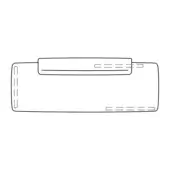 Schematic chair drawing, black lines, rectangular form with vertical lines, horizontal bar with grid detail, minimalist technical illustration.