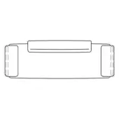 Sofa schematic drawing, white lines, rectangular body with square flanking sections, short back, armrests, smooth finish, technical illustration.
