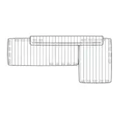 Modular shelving unit, black and white line drawing, L-shape, rectangular modules in grid pattern, square indentations, minimalist design.