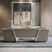 Distinguished Turri Blues desk crafted from walnut wood with gray finish and leather drawers, accented by light trim and cantilevered side table
