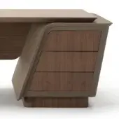 Executive desk with walnut drawer fronts and taupe leather accents, featuring a curved rectangular tabletop and sculpted base.