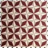 Geometric pattern with burgundy, gray, and beige tones in a grid, featuring cube-like shapes divided into triangular sections and black borders.