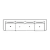 Modular sofa schematic, black lines, four rectangular modules labeled “A” within a white frame, rounded tops, simple boxy form, technical drawing.