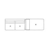 Modular sofa schematic, black lines on white, three rectangular sections labeled A and B with rounded edges, contemporary design.
