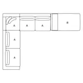 Modular sofa system schematic, labeled "salon nanà – c40", displaying L-shape arrangement with labeled modules A and B, fabric texture.