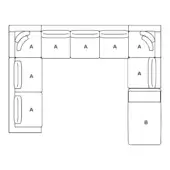 Modular sectional sofa schematic, black line drawing, L-shape with labeled rectangular modules A and B, squared and curved armrests.