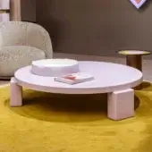 Refined Moroso Shiny Gogan coffee table in light pink with polymeric and wooden composite structure and glossy lacquered finish