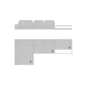 Turri Blues sectional sofa technical drawing, gray modular design, two configurations shown: linear three-seat and L-shape with labeled arms.