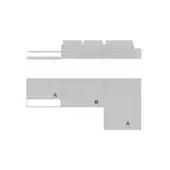 Turri blues sectional diagram, modular L-shape, gray upholstery, technical illustration with top and side views for assembly.