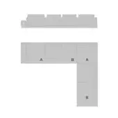 Turri blues sectional diagram, modular sofa, gray upholstery, L-shape configuration with labeled A and B module components, technical illustration.