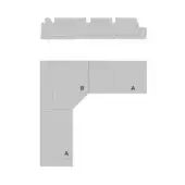 Turri blues sectional diagram, gray fabric, modular corner layout with labeled components A and B, angled backrest, metal legs.