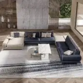 Exclusive Turri Blues sectional with light beige and dark blue fabrics, a walnut wood base and tubular metal legs