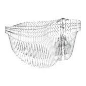 Abstract architectural arrangement, white background, black lines, rectangular segments curving inward, digital rendering, dynamic flowing shape.