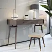 Distinguished Turri Blues vanity with walnut wood structure, light-colored top and T-shaped wood and metal details in dark brown finish