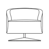 Armchair with rounded high back, rectangular seat, and circular swivel base; minimalist line drawing, modern design, white background.