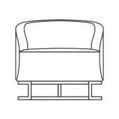 Armchair line drawing, metal frame, curved back, wide seat, minimalist design, sloping armrests, rectangular supports, modern aesthetic.