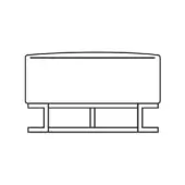 Venus ottoman technical drawing, black lines, rectangular form with rounded edges, minimalist box base, four fixed legs, white background.