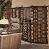 Distinguished Turri Blues room divider crafted in wood with alternating matte dark brown and lighter toned slats with metal accents