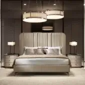 Exclusive DV Home Collection Hollywood bed with light cream textile upholstery, quilted headboard and dark metallic legs