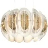 Chandelier, matte white and gold finish, five curved petal-shaped elements connected by a clear acrylic band with undulating lower forms.