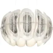 Chandelier, silver and white, five rounded modules with textured centers and layered, curved white framework, elongated organic shape.