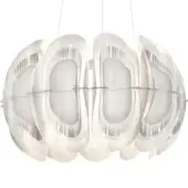 Chandelier, white metal, five interconnected semi-circular modules with frosted interiors and radiating fin-like details, linear arrangement.