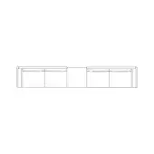 Modular seating schematic, black lines on white, four rectangular upholstered modules connected by a narrow central unit, minimalist geometric design.